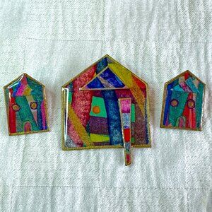 Cute as Houses Matching Pin + Post Earrings Artisan Signed Rainbow Jewel Tone